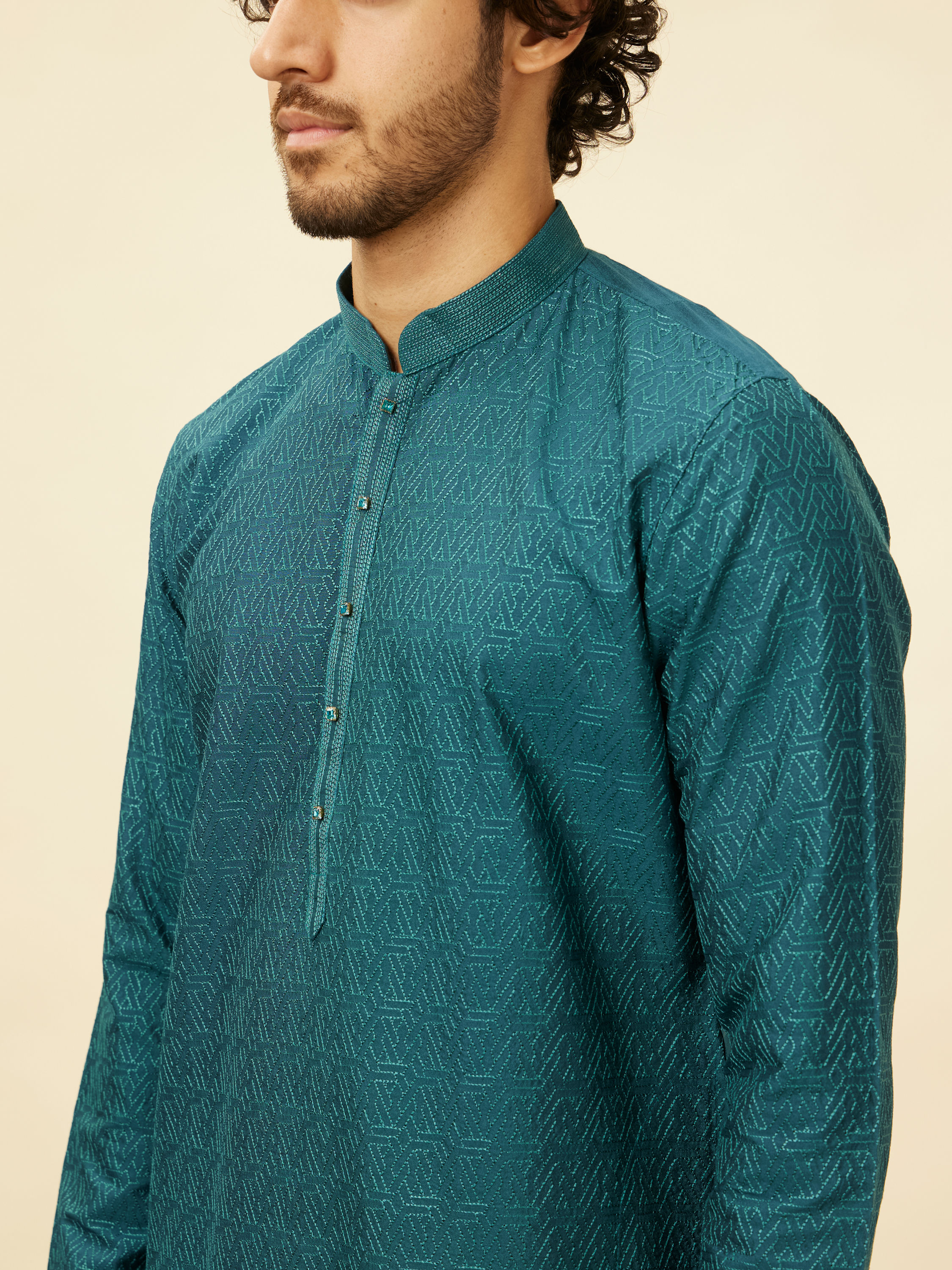 Manyavar Men Teal Green Self Patterned Kurta Set