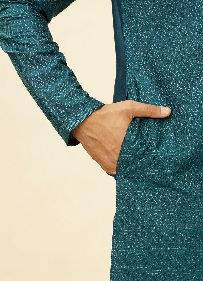 Manyavar Men Teal Green Self Patterned Kurta Set image number 3