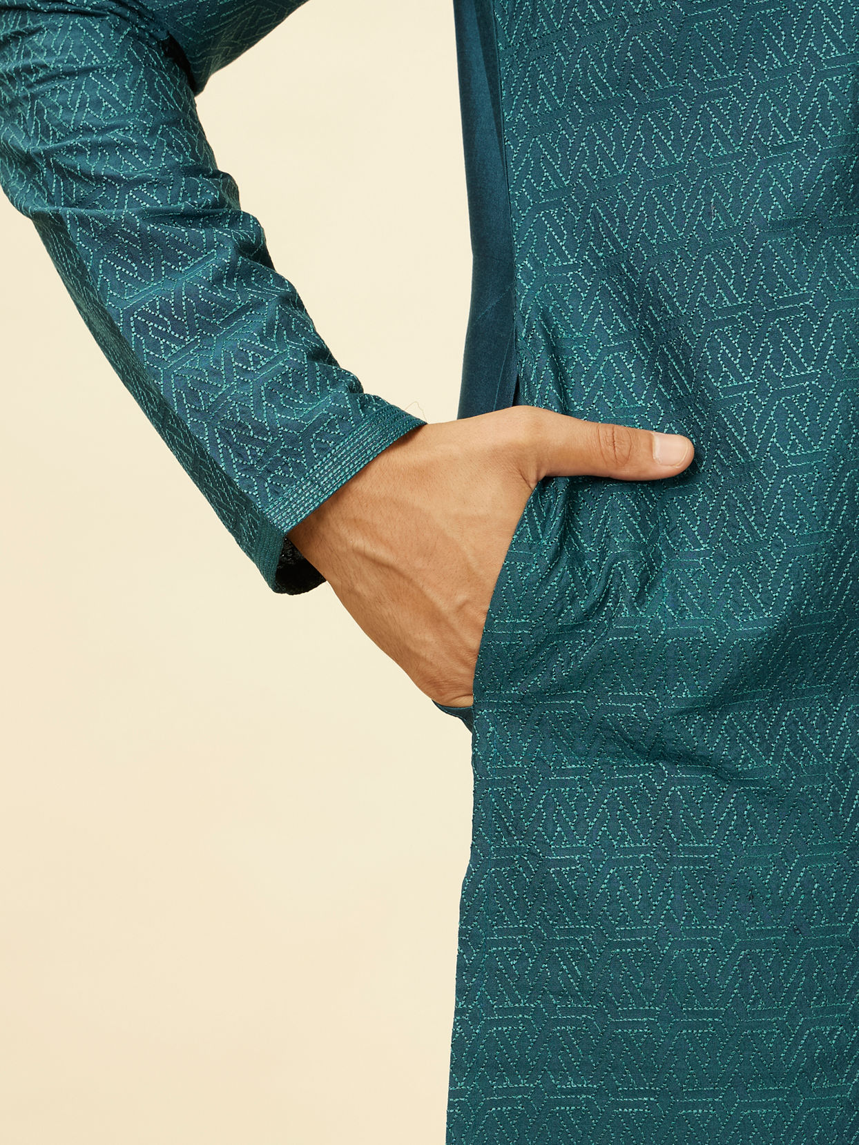 Manyavar Men Teal Green Self Patterned Kurta Set image number 3