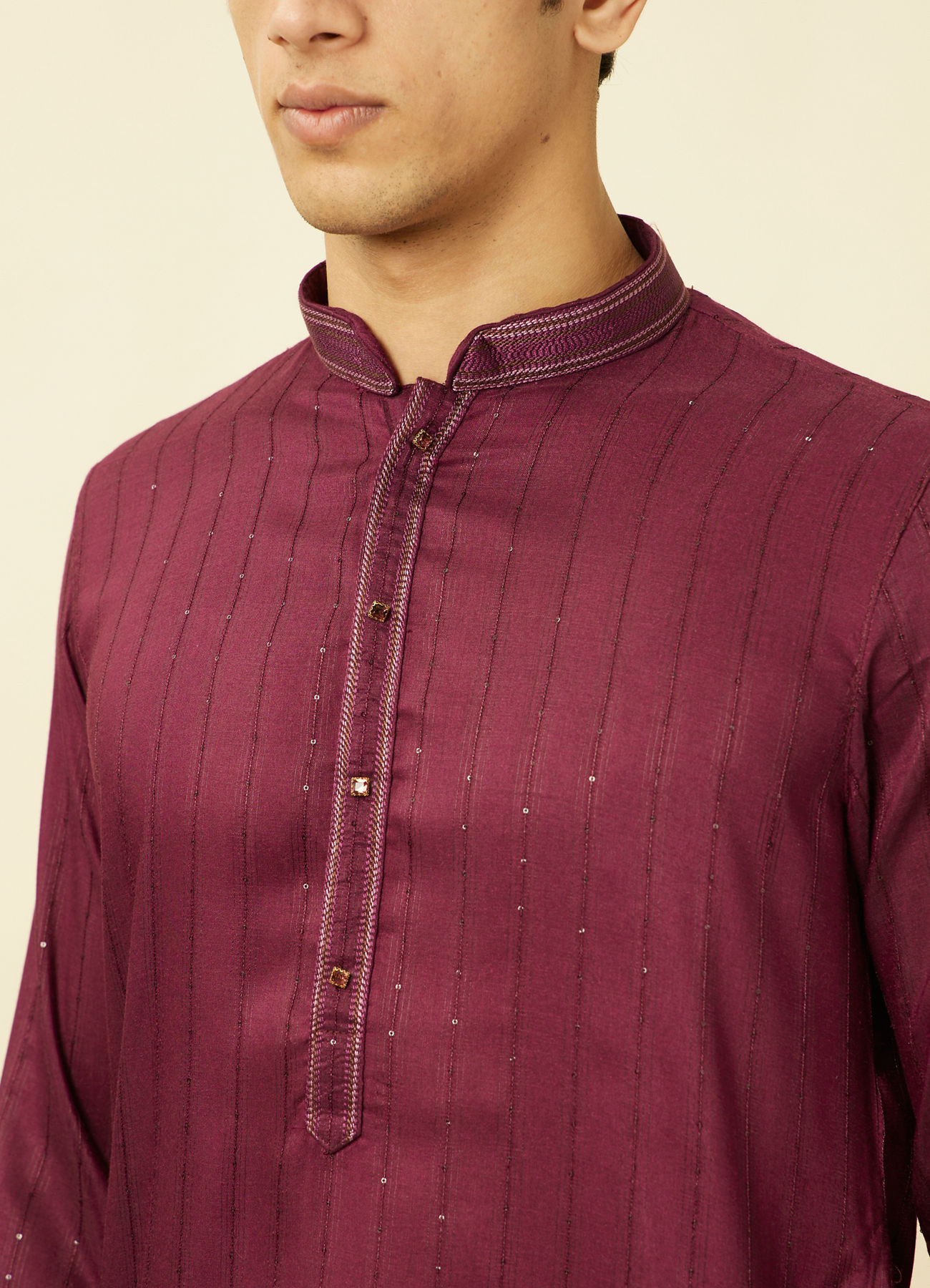 Manyavar Men Muave Wine Vertical Striped Kurta Set