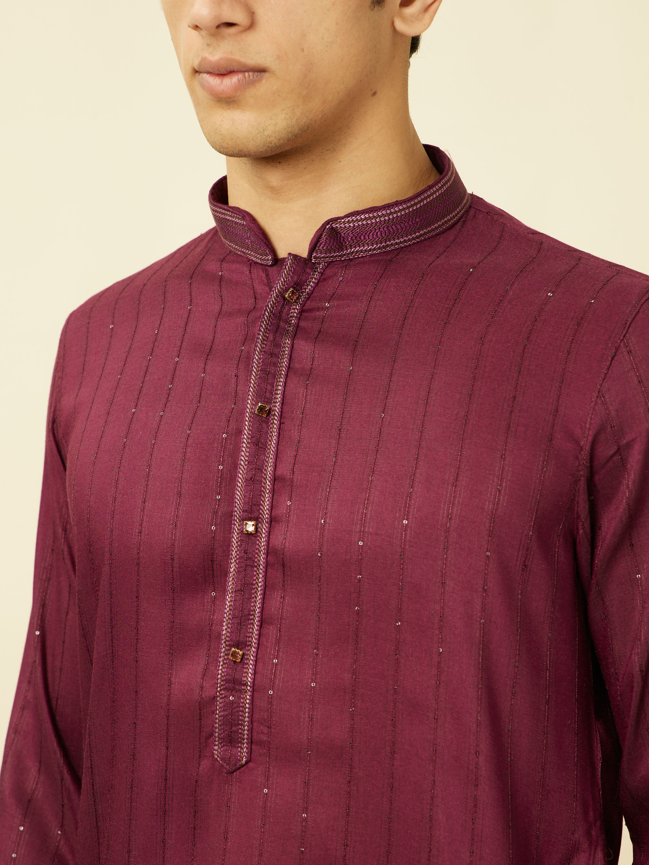 Manyavar Men Muave Wine Vertical Striped Kurta Set