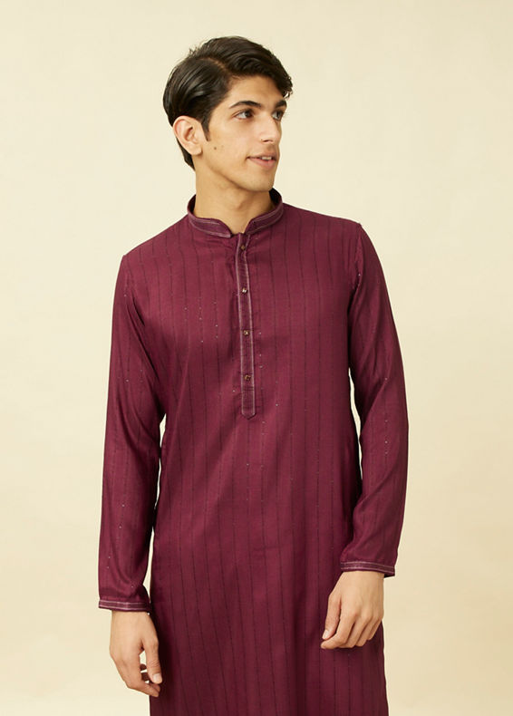 Manyavar Men Muave Wine Vertical Striped Kurta Set