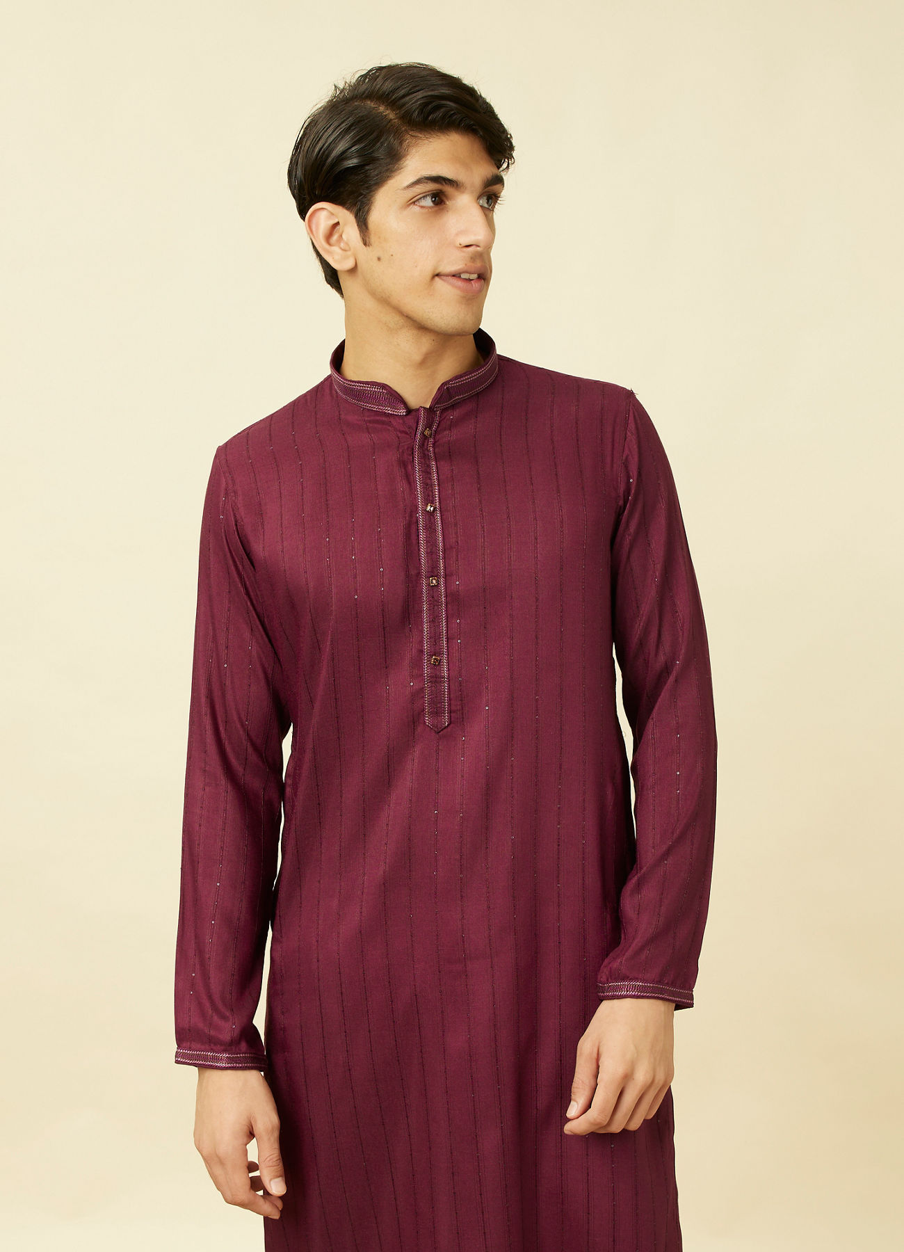 Manyavar Men Muave Wine Vertical Striped Kurta Set