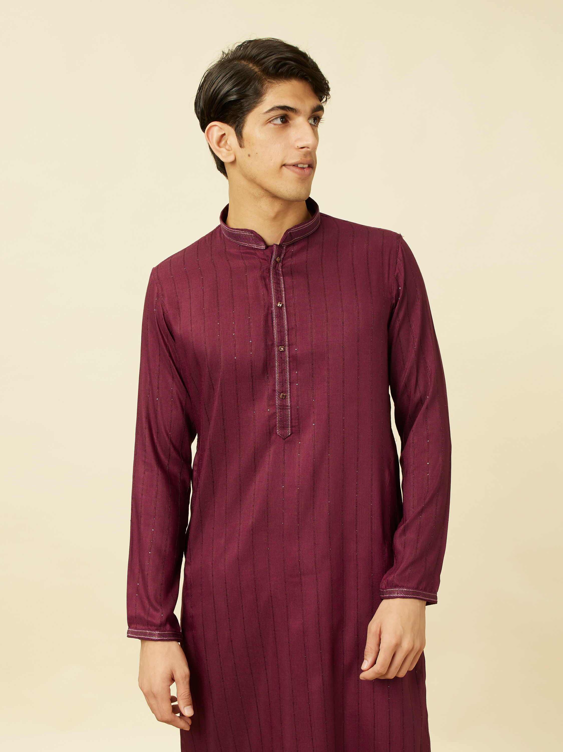 Manyavar Men Muave Wine Vertical Striped Kurta Set