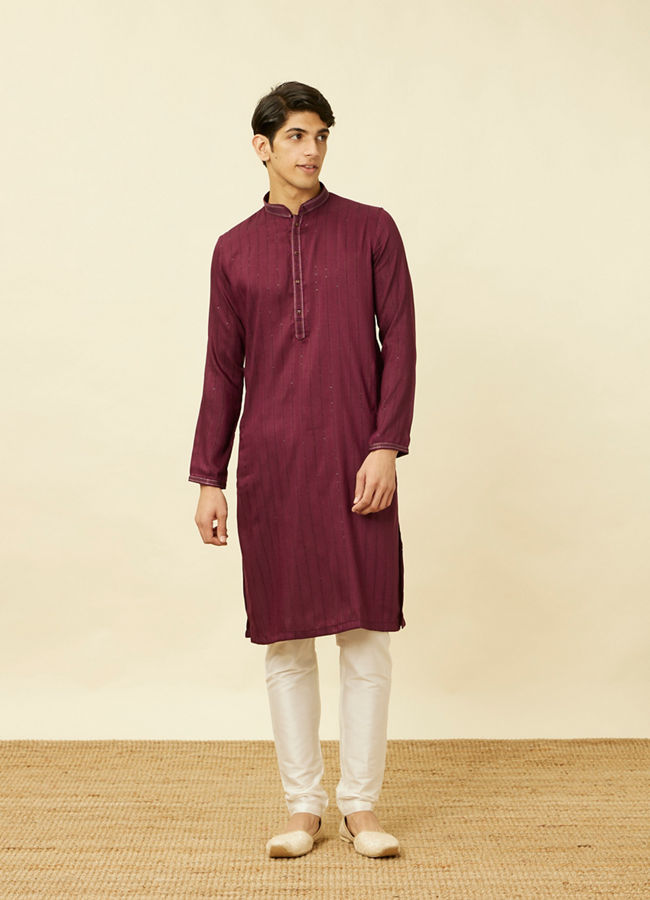 Manyavar Men Muave Wine Vertical Striped Kurta Set