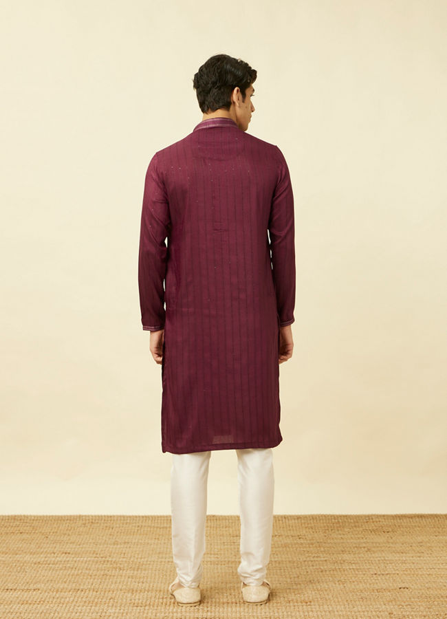 Manyavar Men Muave Wine Vertical Striped Kurta Set