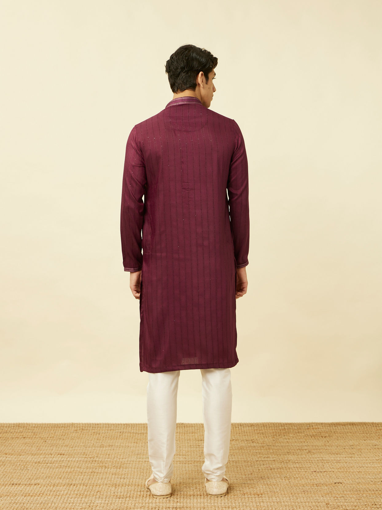 Manyavar Men Muave Wine Vertical Striped Kurta Set