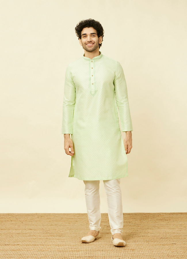Manyavar Men Spring Green Overlay Patterned Kurta Set