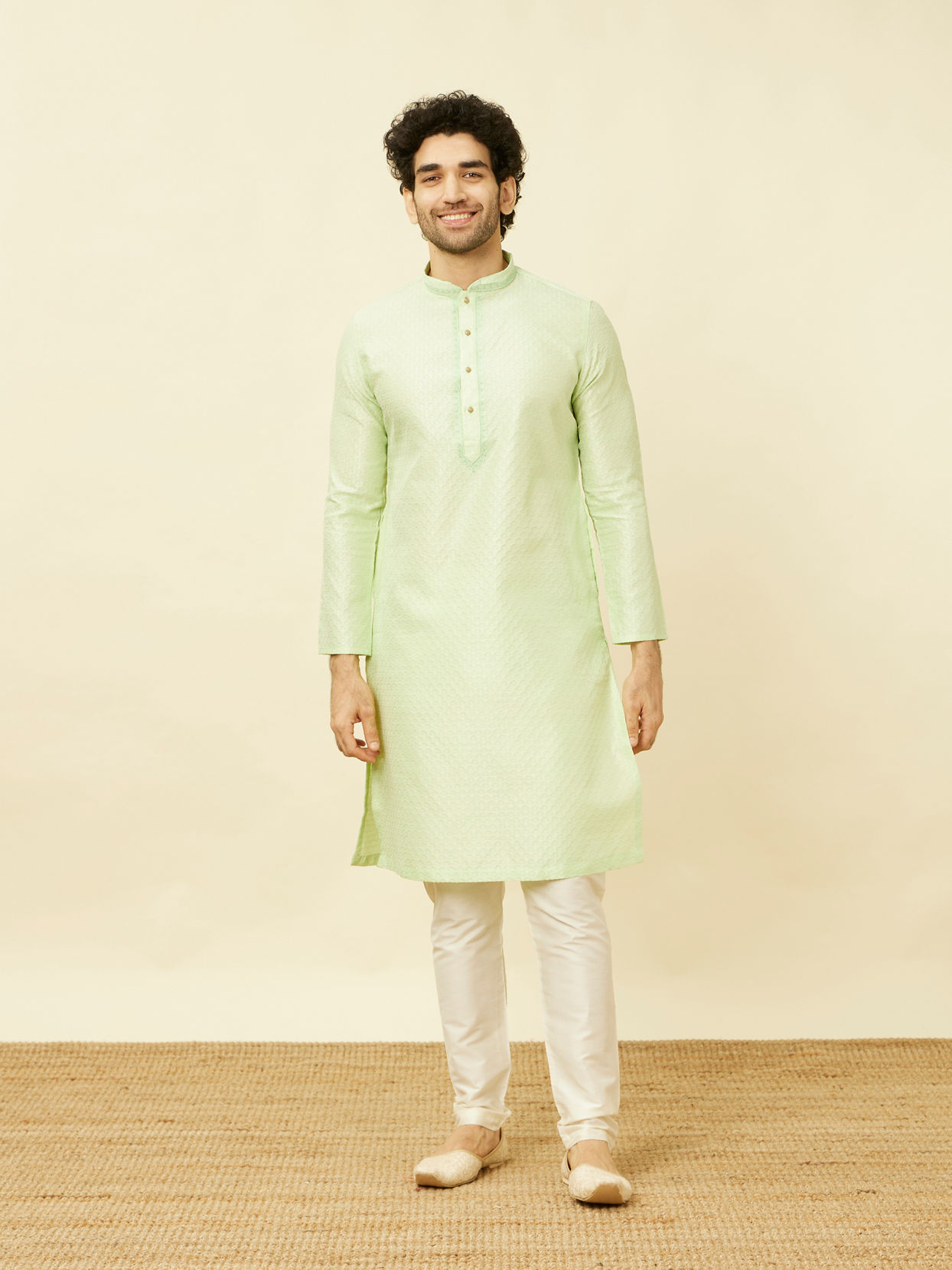Manyavar Men Spring Green Overlay Patterned Kurta Set