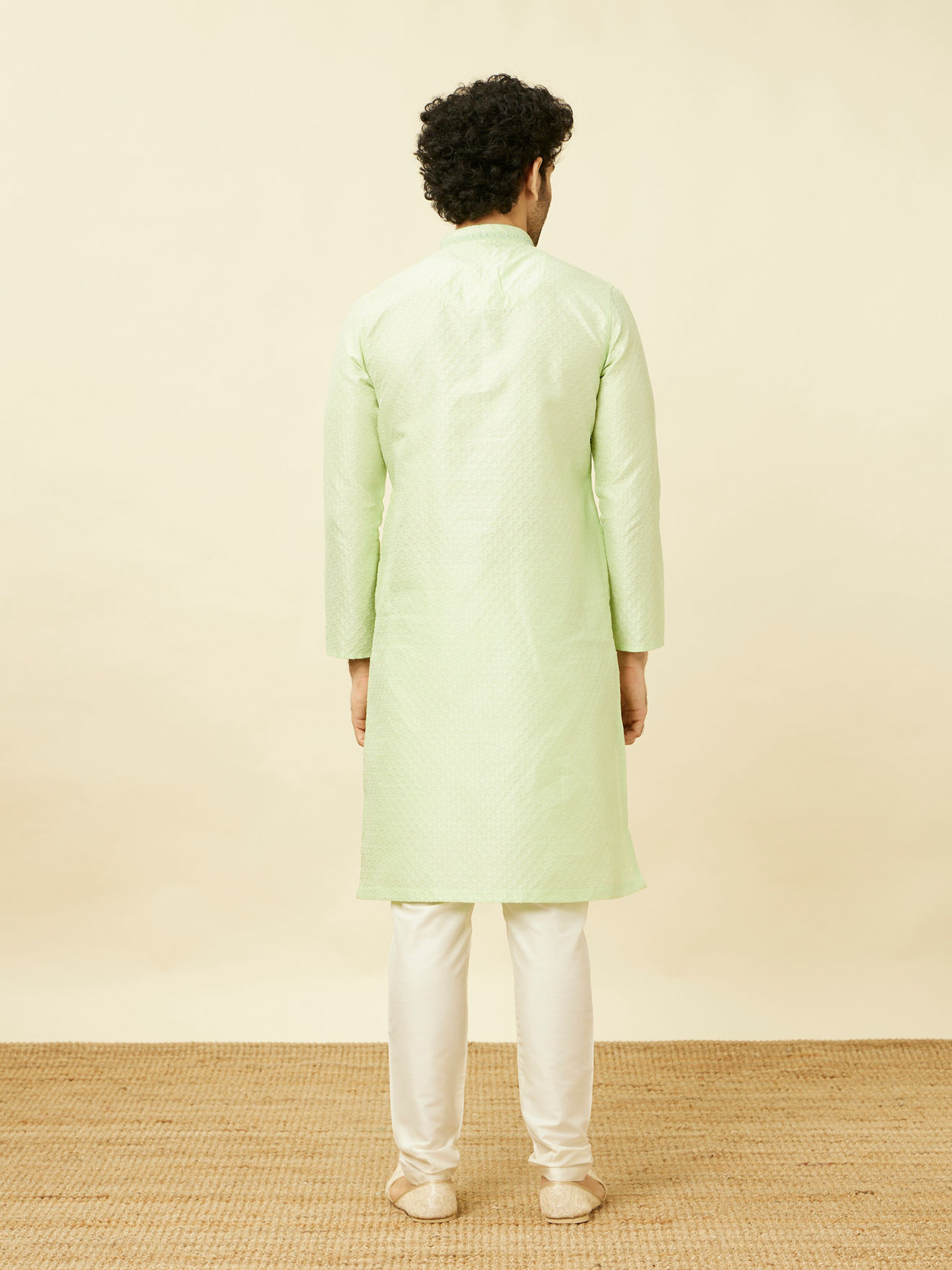 Manyavar Men Spring Green Overlay Patterned Kurta Set