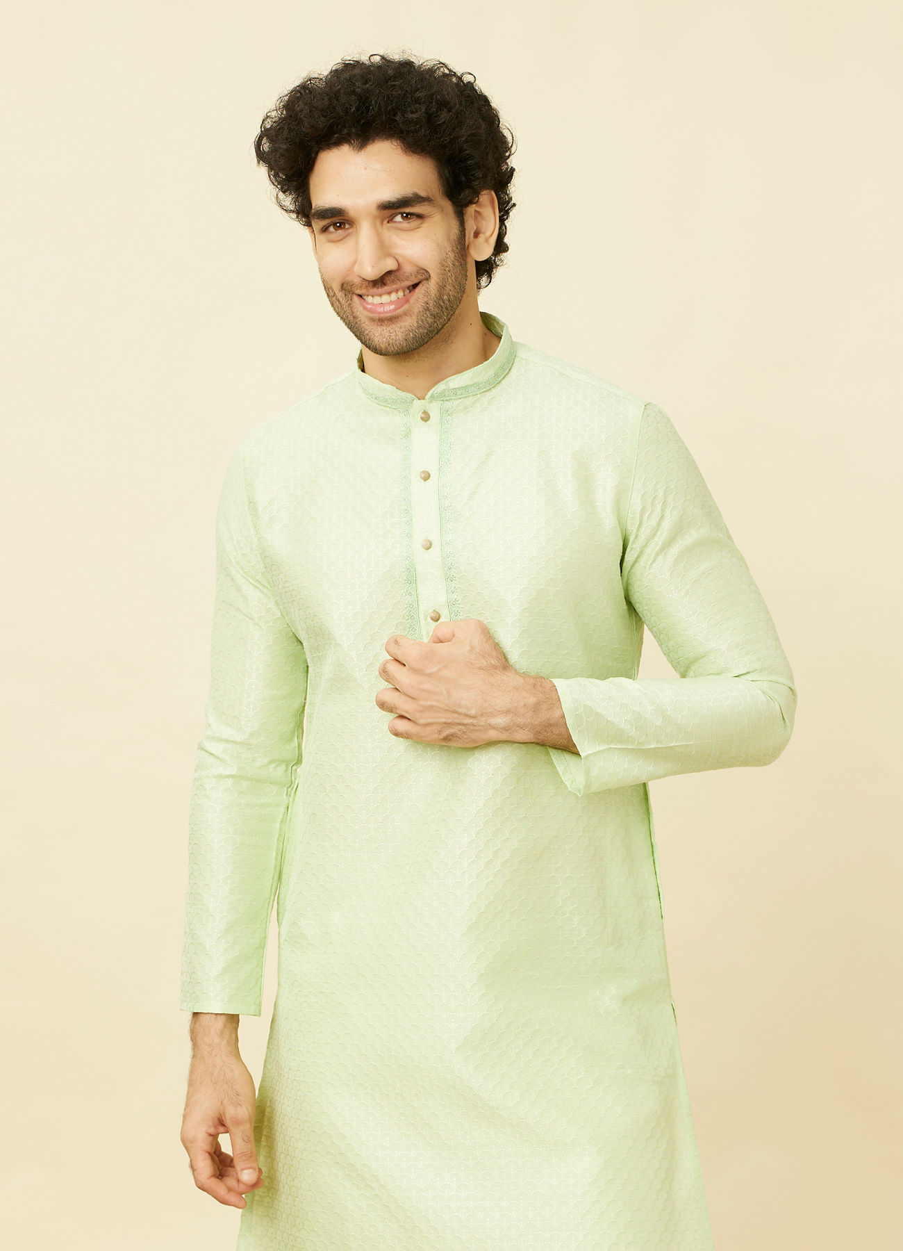 Manyavar Men Spring Green Overlay Patterned Kurta Set
