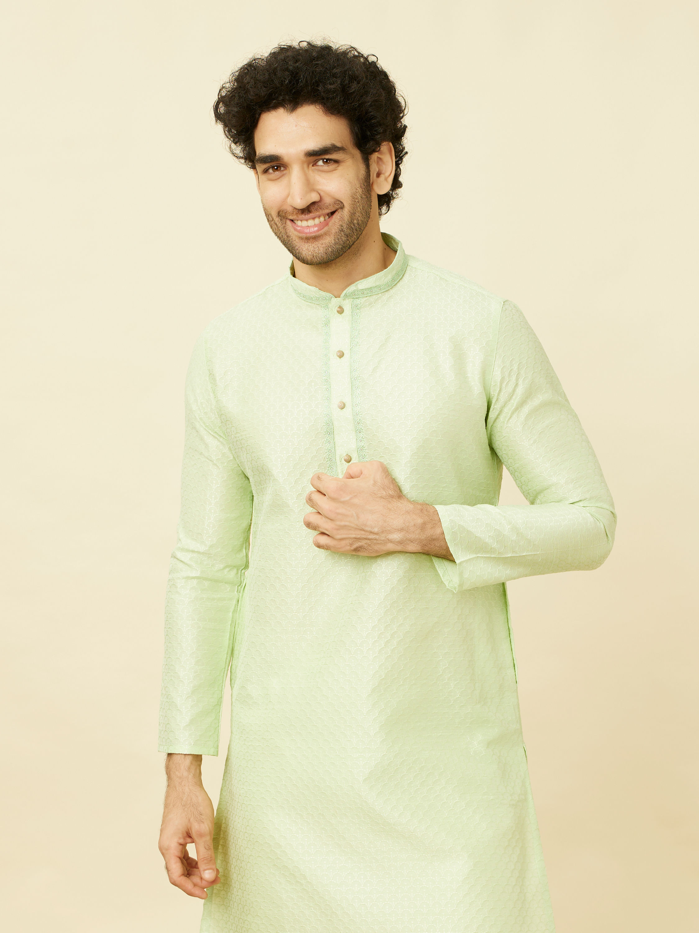 Manyavar Men Spring Green Overlay Patterned Kurta Set