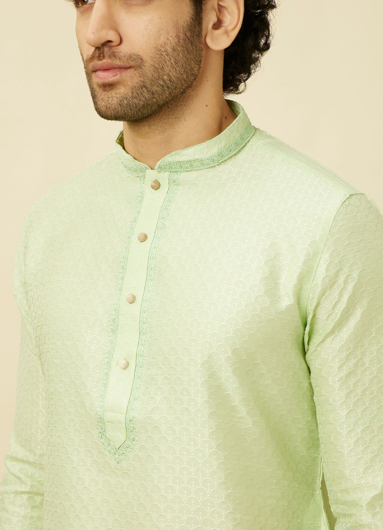 Manyavar Men Spring Green Overlay Patterned Kurta Set