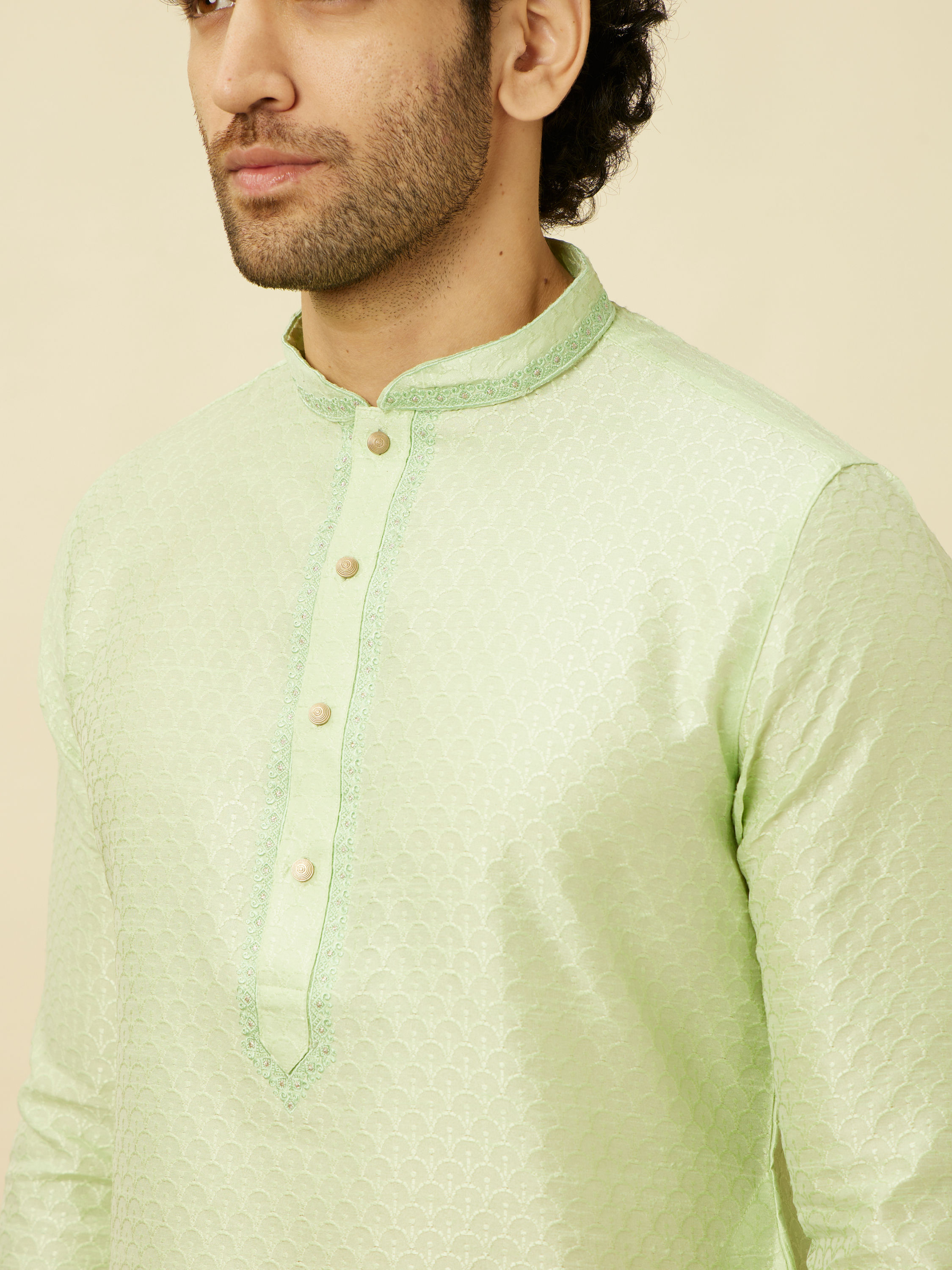 Manyavar Men Spring Green Overlay Patterned Kurta Set