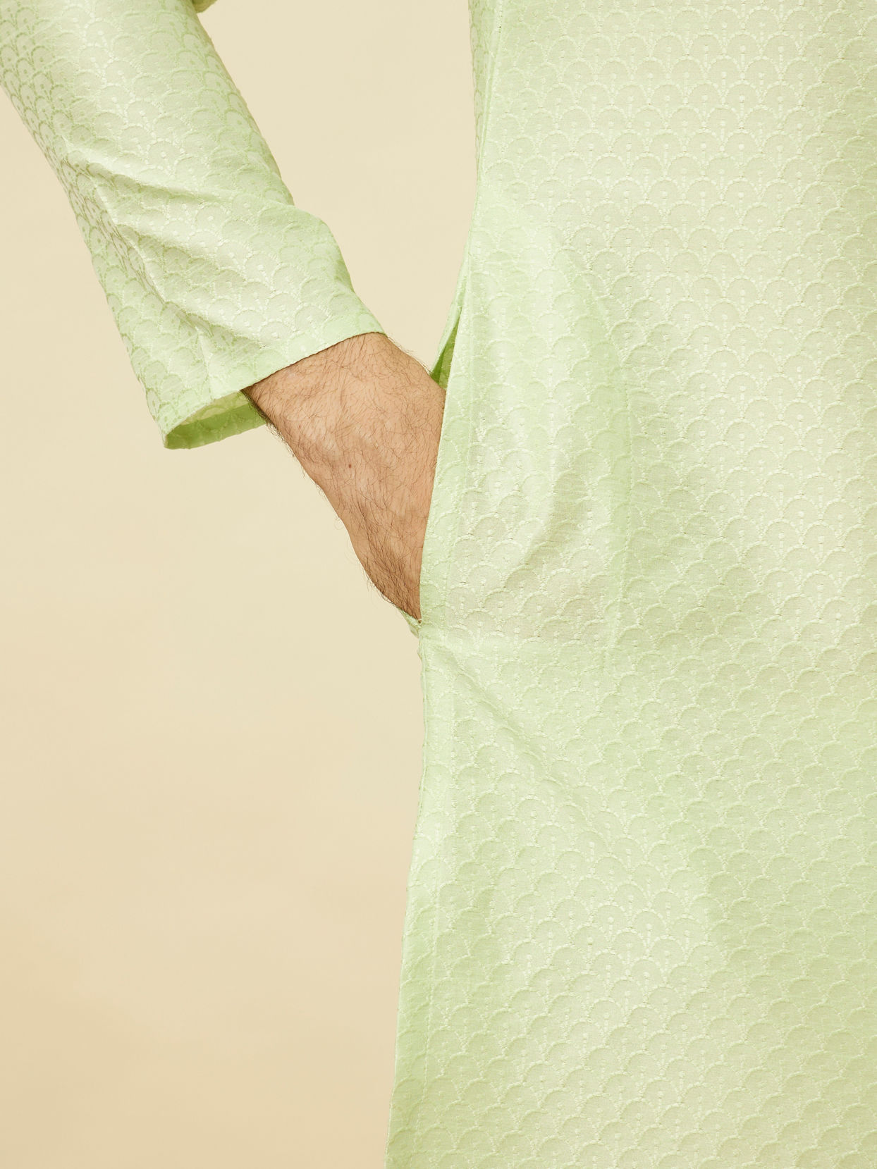 Manyavar Men Spring Green Overlay Patterned Kurta Set