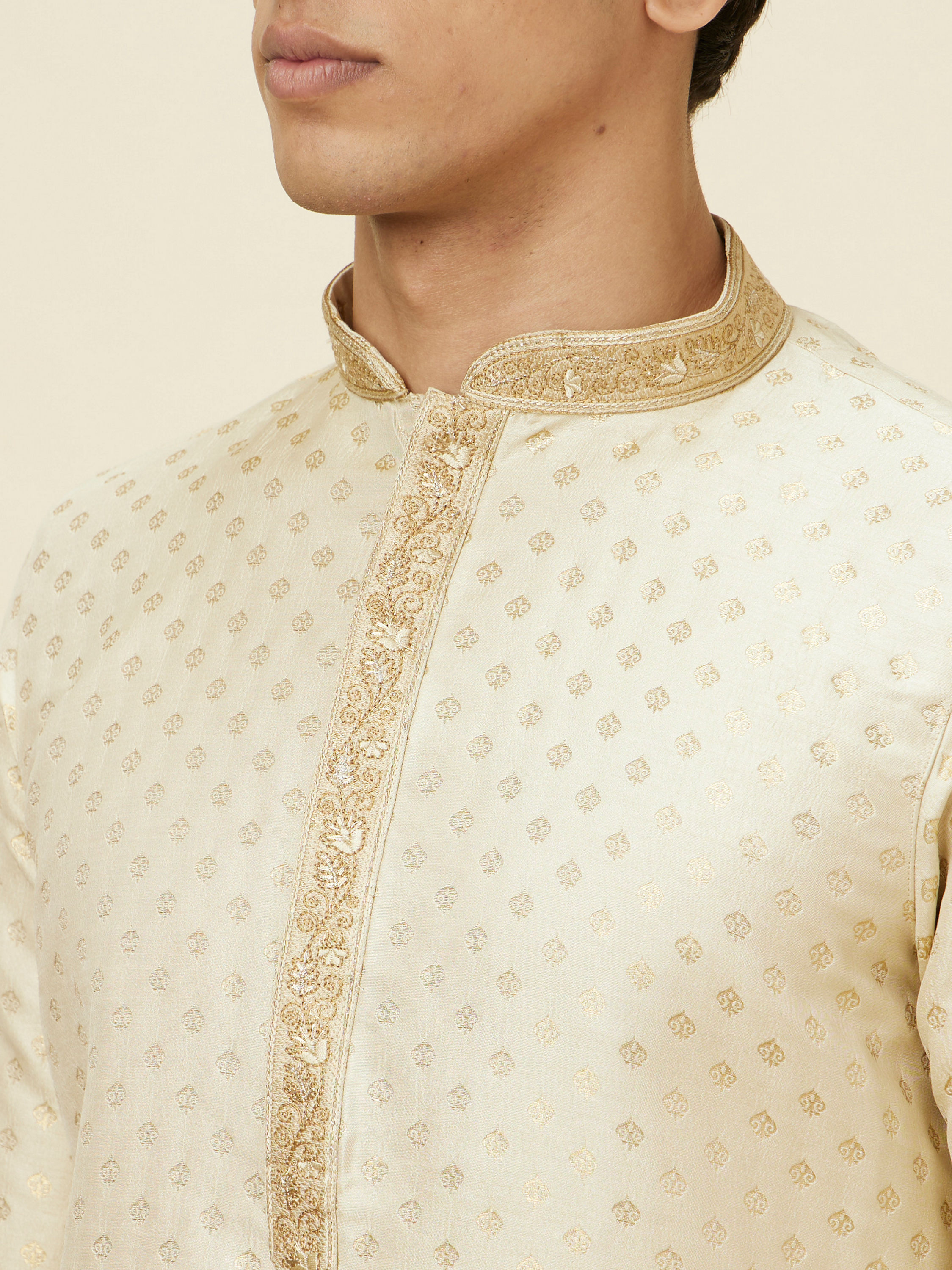 Manyavar Men Golden Beige Buta Patterned Kurta Set