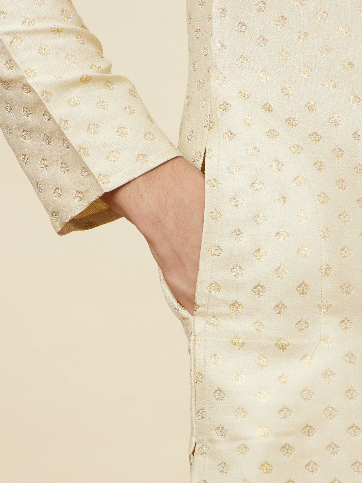 Manyavar Men Golden Beige Buta Patterned Kurta Set