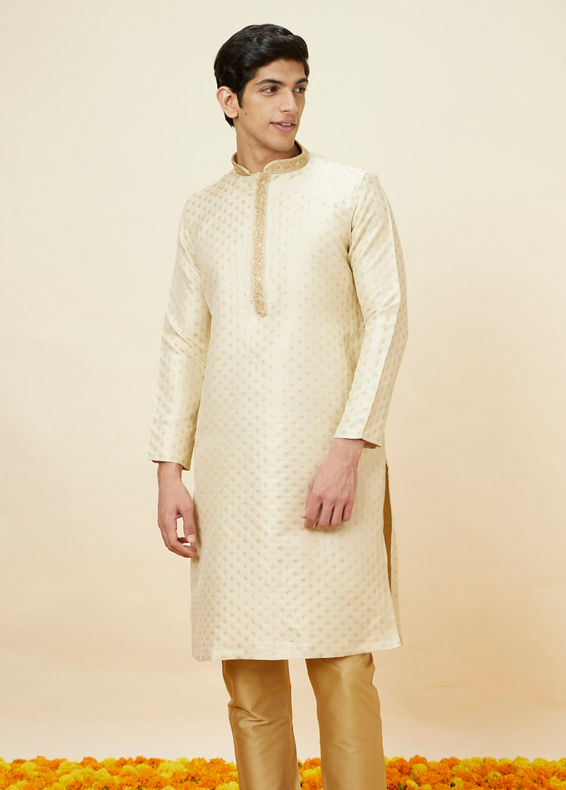 Manyavar Men Golden Beige Buta Patterned Kurta Set
