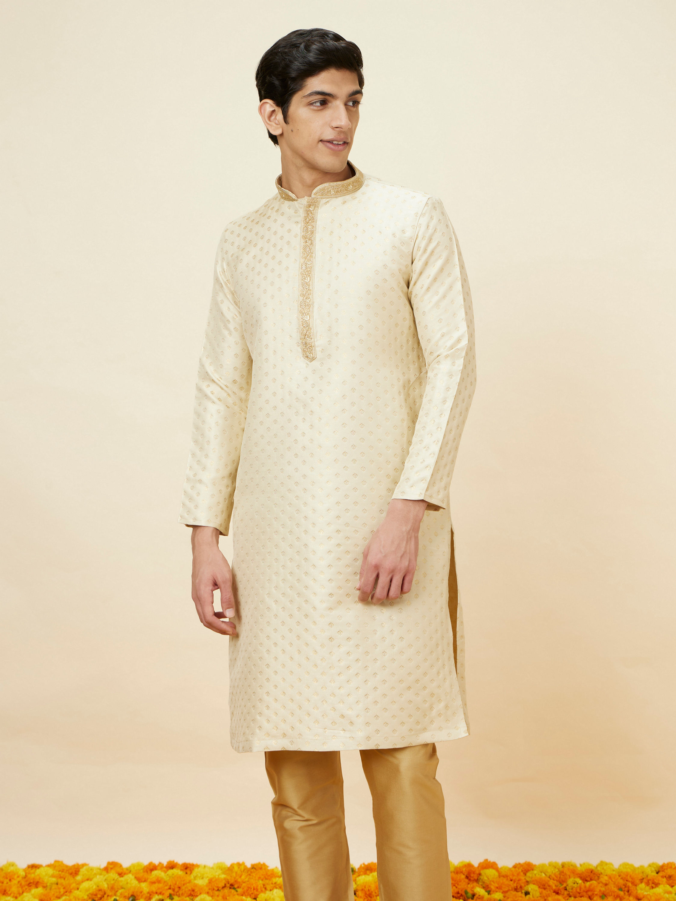 Manyavar Men Golden Beige Buta Patterned Kurta Set