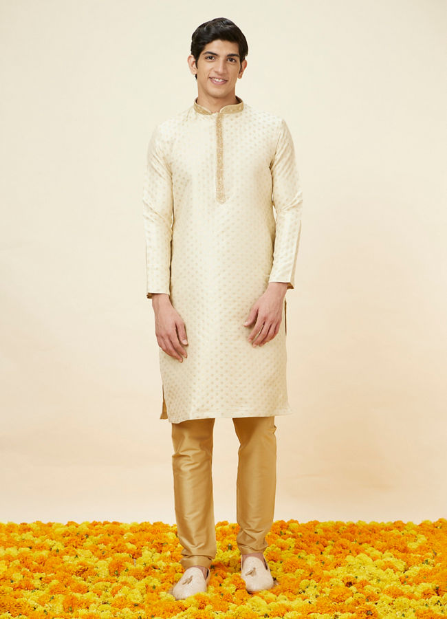 Manyavar Men Golden Beige Buta Patterned Kurta Set