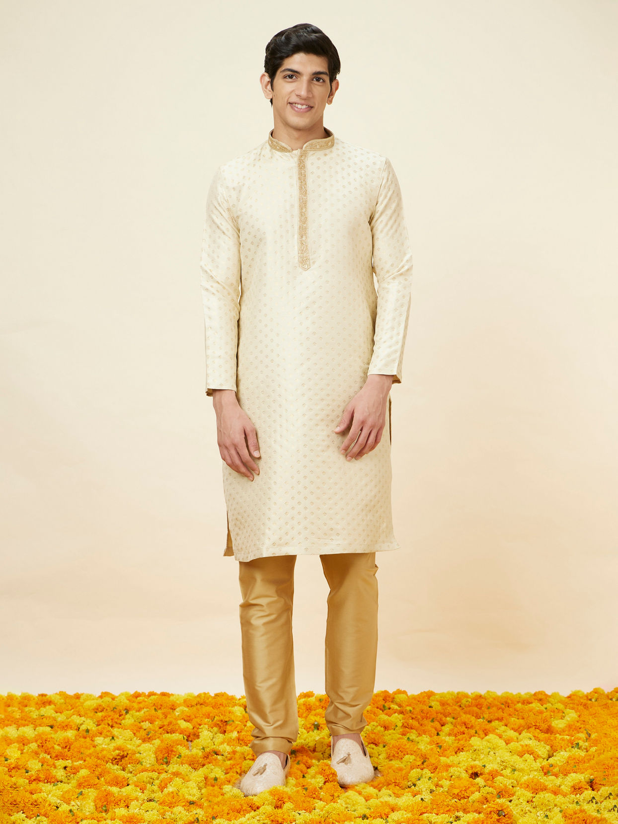 Manyavar Men Golden Beige Buta Patterned Kurta Set