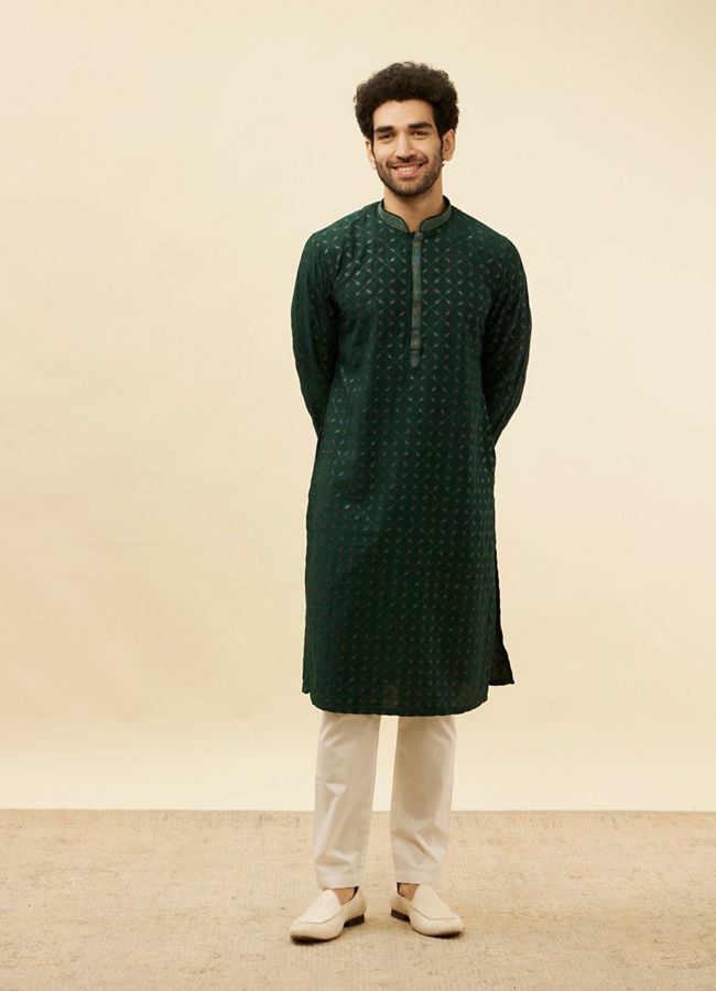 Manyavar Men Empire Green Lattice Embroidered Kurta