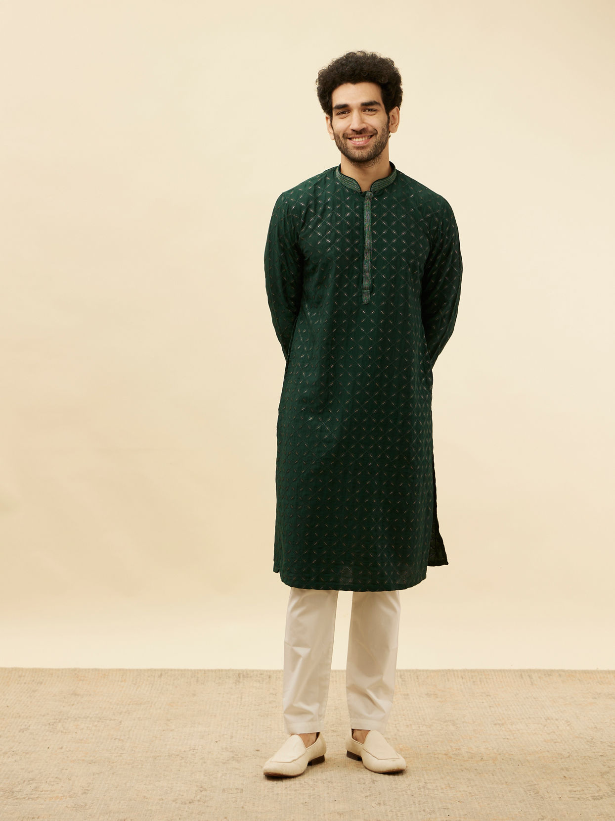 Manyavar Men Empire Green Lattice Embroidered Kurta