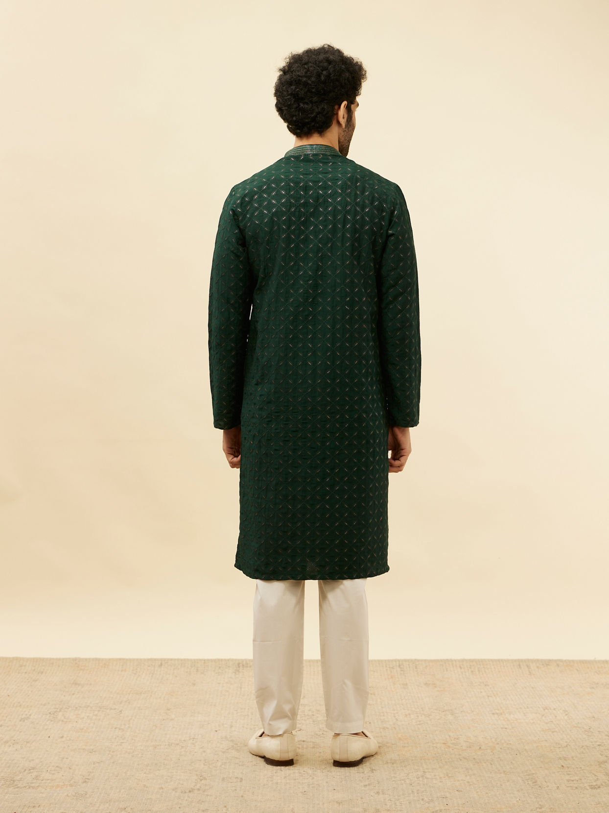 Manyavar Men Empire Green Lattice Embroidered Kurta