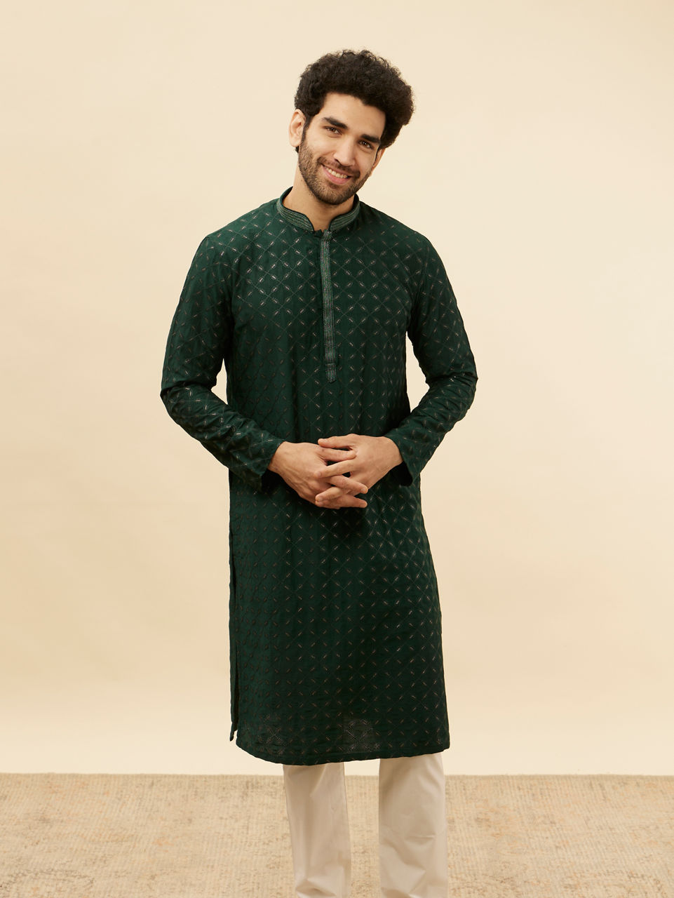Manyavar Men Empire Green Lattice Embroidered Kurta