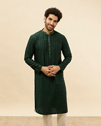 Manyavar Men Empire Green Lattice Embroidered Kurta