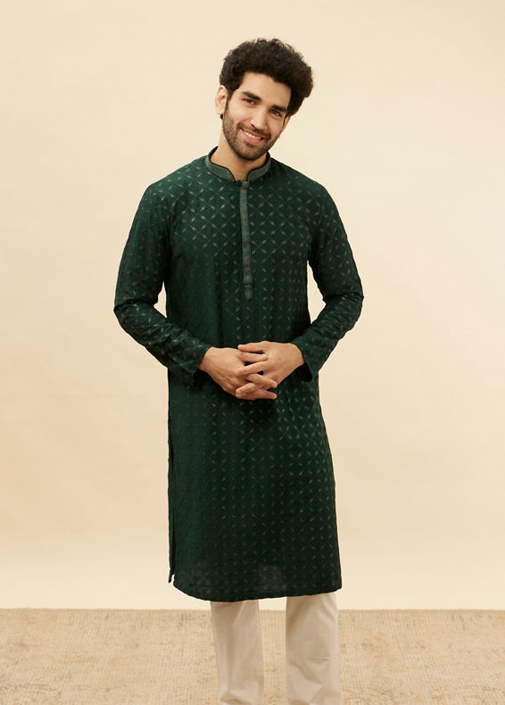 Manyavar Men Empire Green Lattice Embroidered Kurta