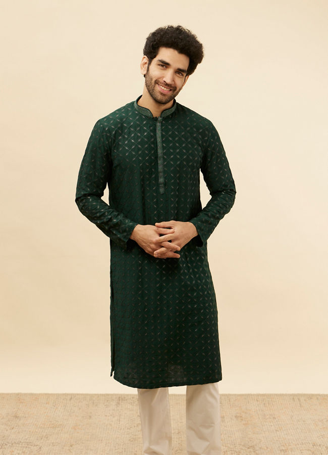 alt message - Manyavar Men Empire Green Lattice Embroidered Kurta image number 0