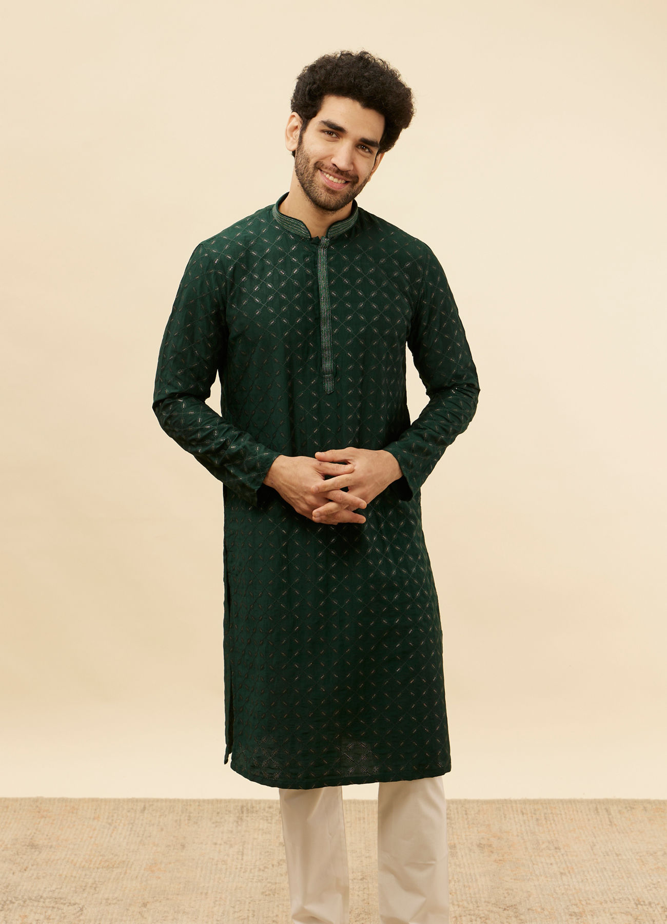 Manyavar Men Empire Green Lattice Embroidered Kurta