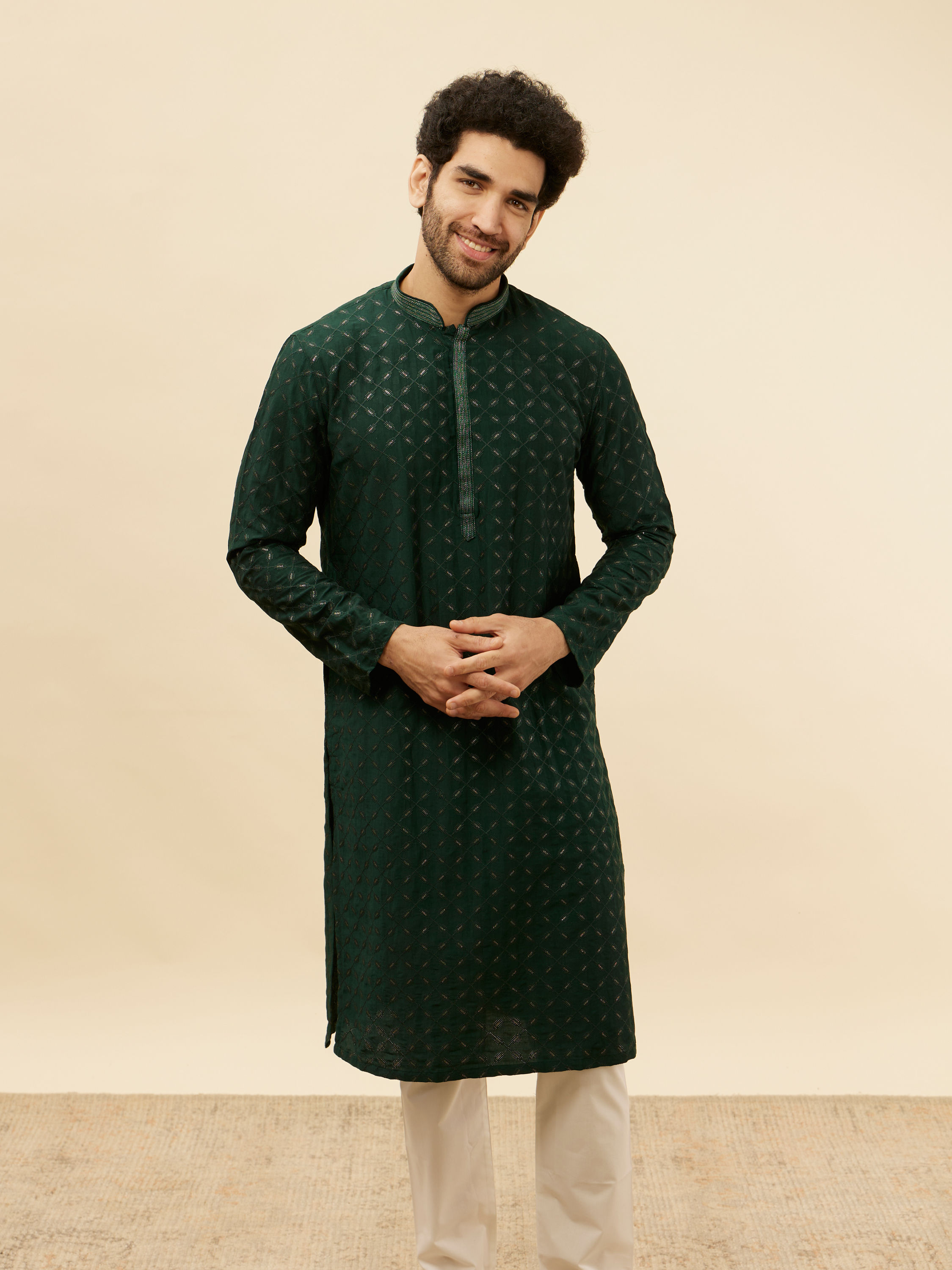 Manyavar Men Empire Green Lattice Embroidered Kurta