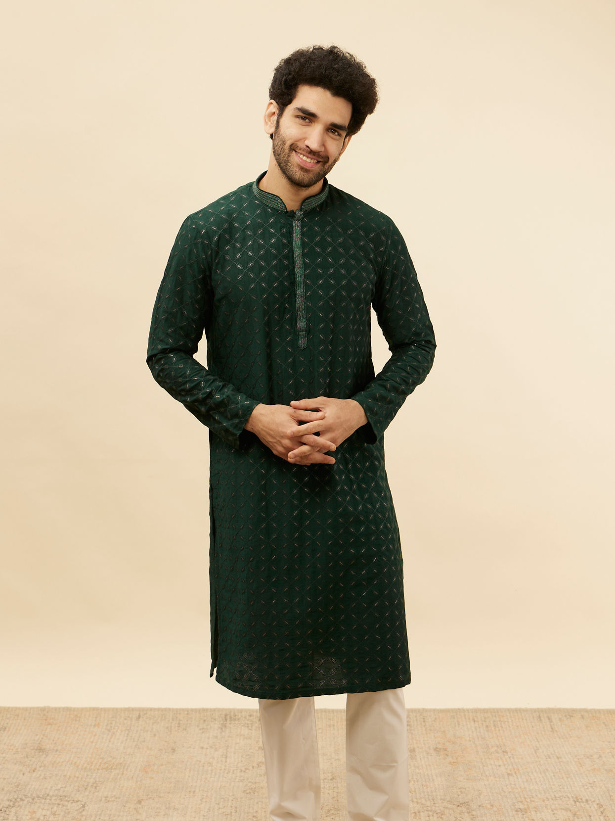 alt message - Manyavar Men Empire Green Lattice Embroidered Kurta image number 0