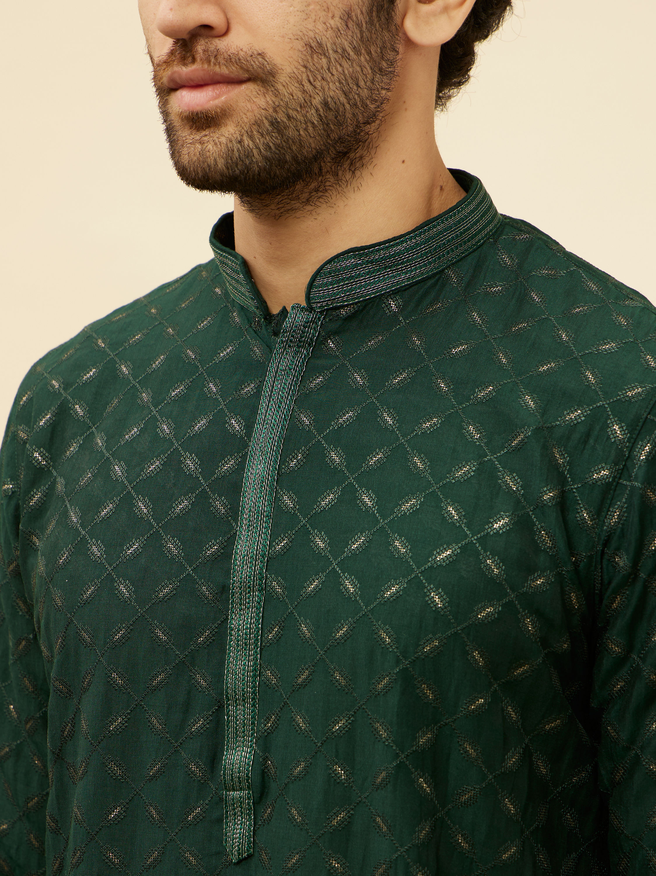 Manyavar Men Empire Green Lattice Embroidered Kurta