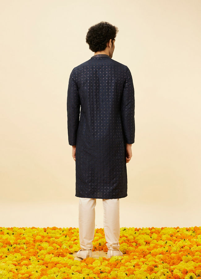 Manyavar Men Navy Blue Shimmery Lattice Patterned Kurta Set