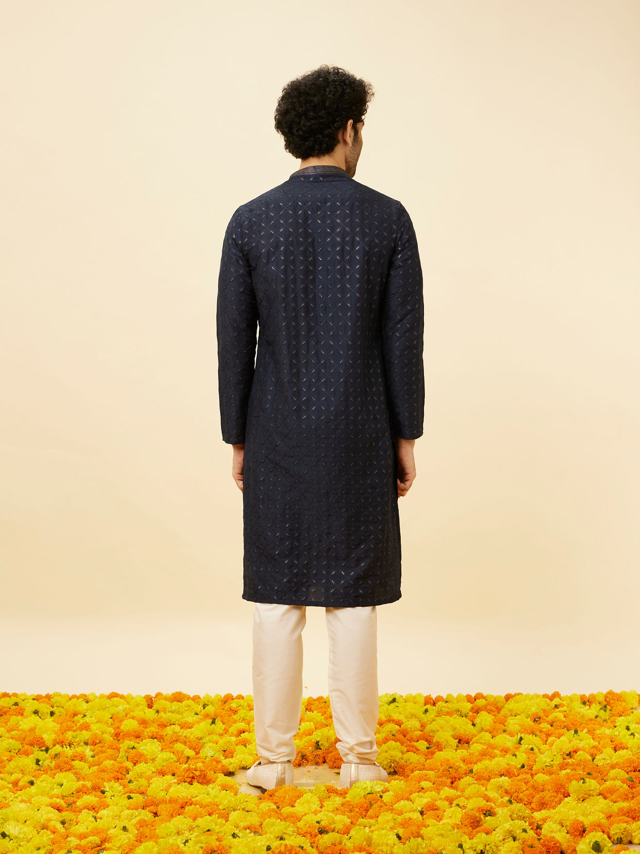 Manyavar Men Navy Blue Shimmery Lattice Patterned Kurta Set