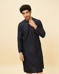 Manyavar Men Navy Blue Shimmery Lattice Patterned Kurta Set