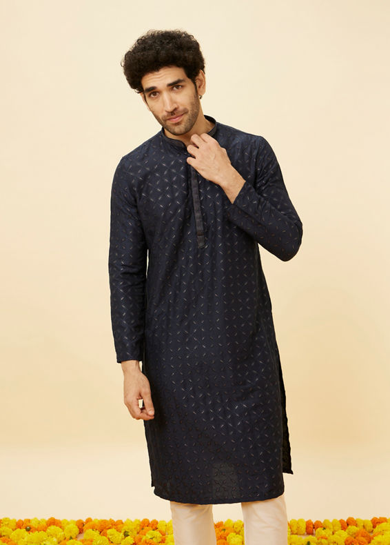 Manyavar Men Navy Blue Shimmery Lattice Patterned Kurta Set