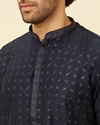 alt message - Manyavar Men Navy Blue Shimmery Lattice Patterned Kurta Set image number 1