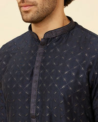 Manyavar Men Navy Blue Shimmery Lattice Patterned Kurta Set