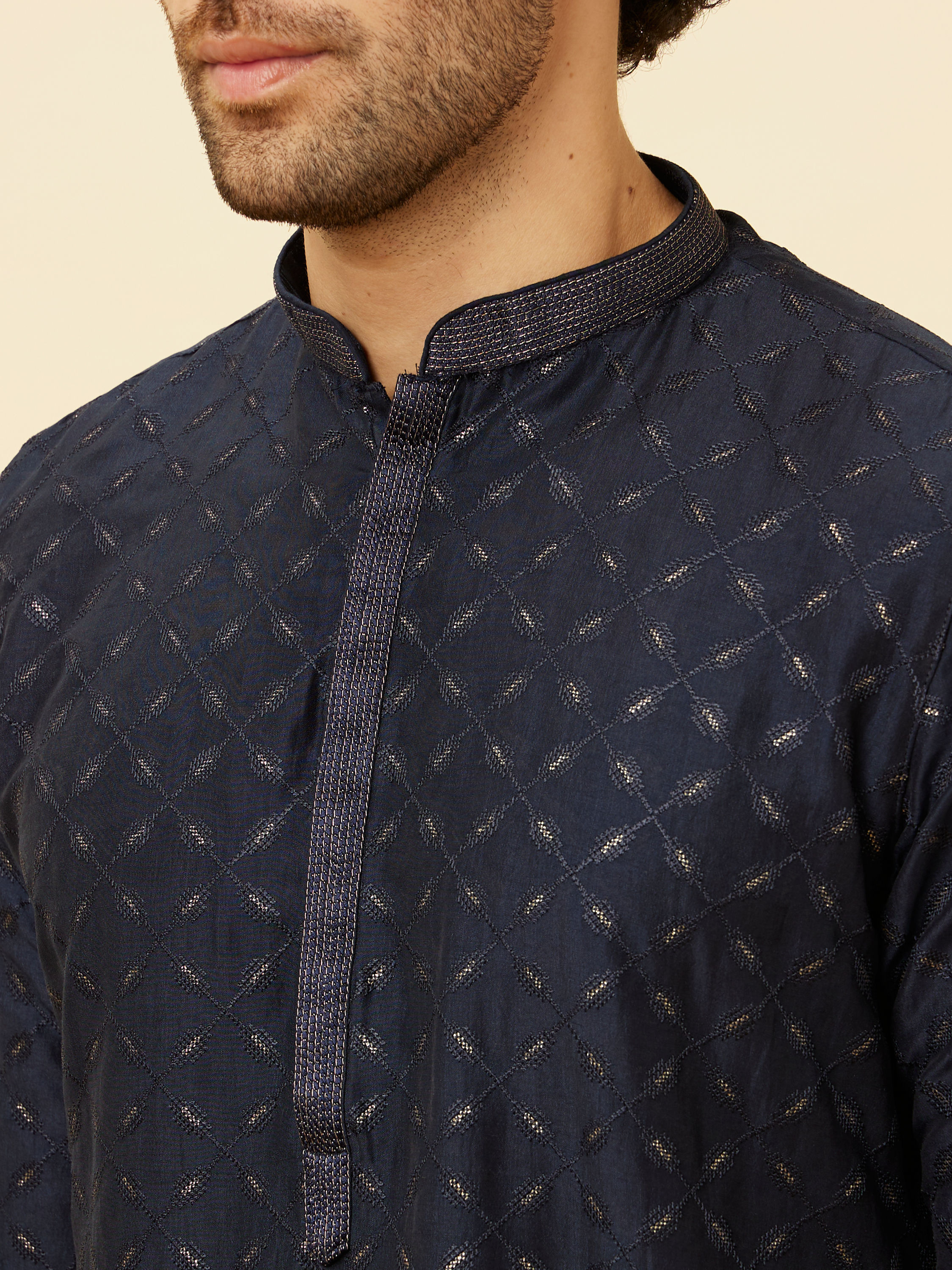 Manyavar Men Navy Blue Shimmery Lattice Patterned Kurta Set