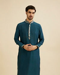 Manyavar Men Crystal Teal Blue Embroidered Neckline Kurta Set