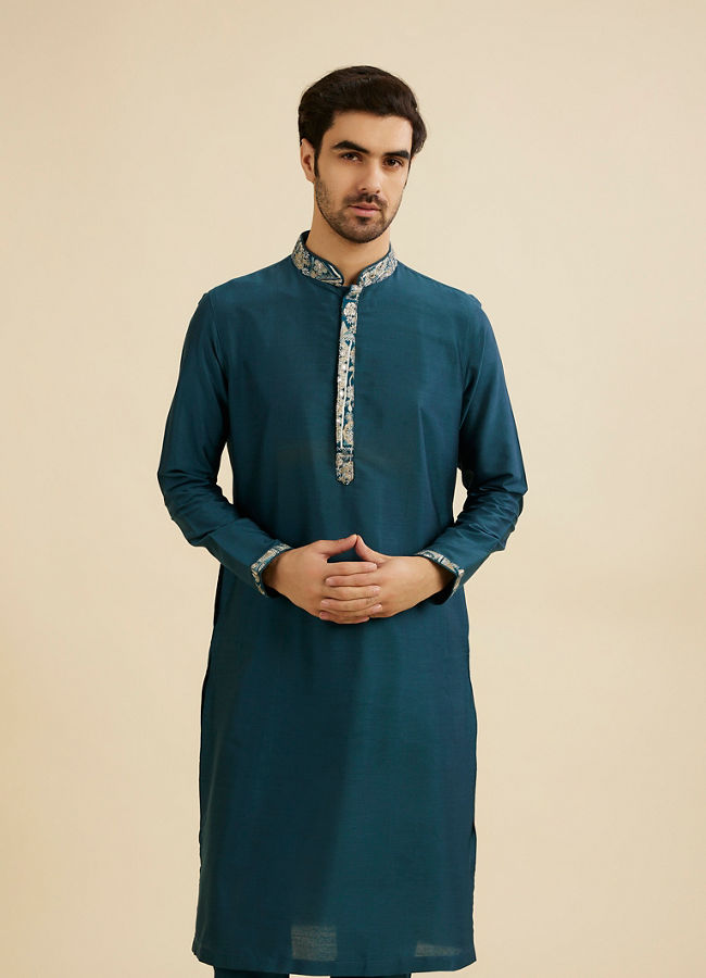 Manyavar Men Crystal Teal Blue Embroidered Neckline Kurta Set
