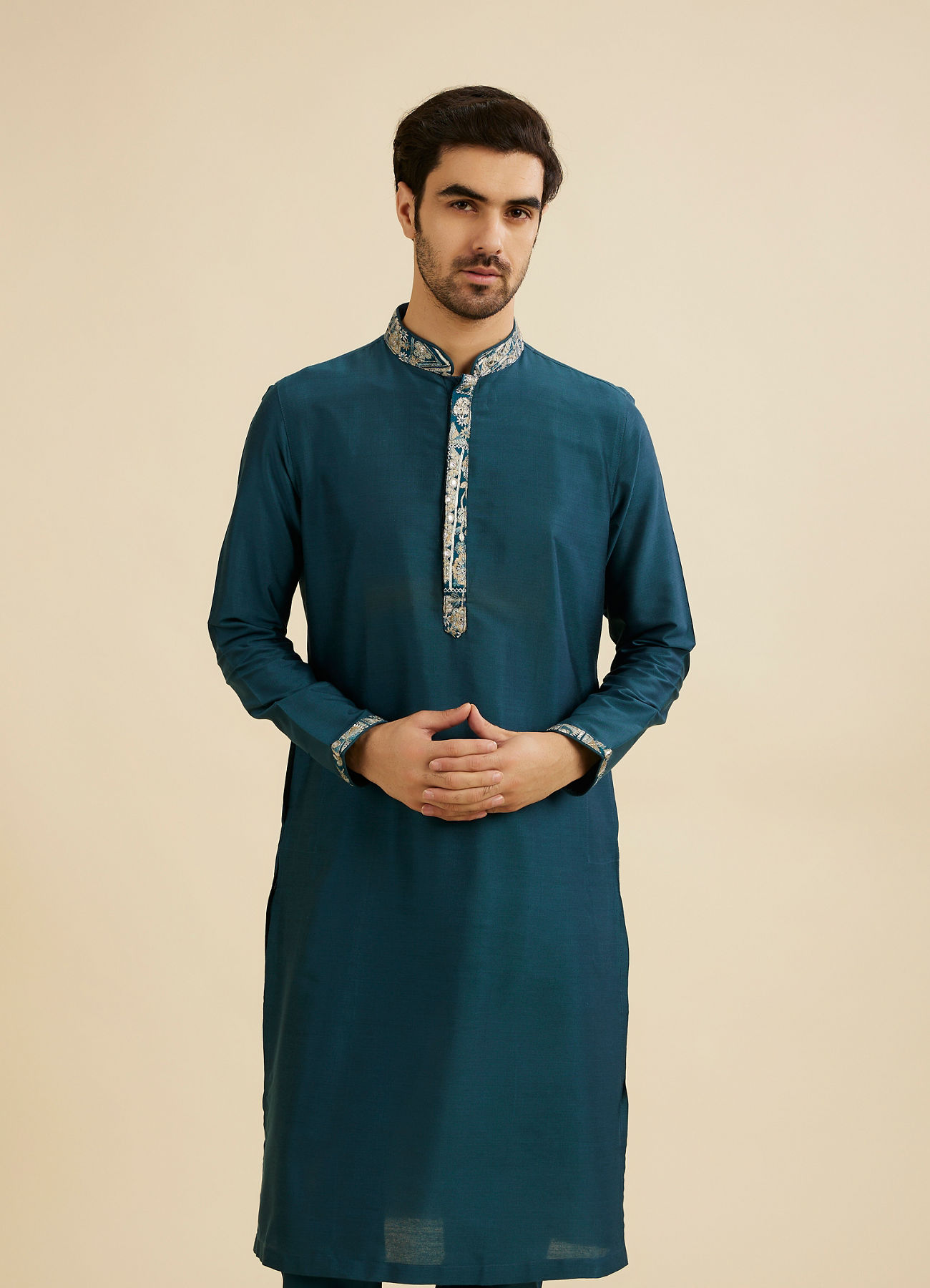 Manyavar Men Crystal Teal Blue Embroidered Neckline Kurta Set