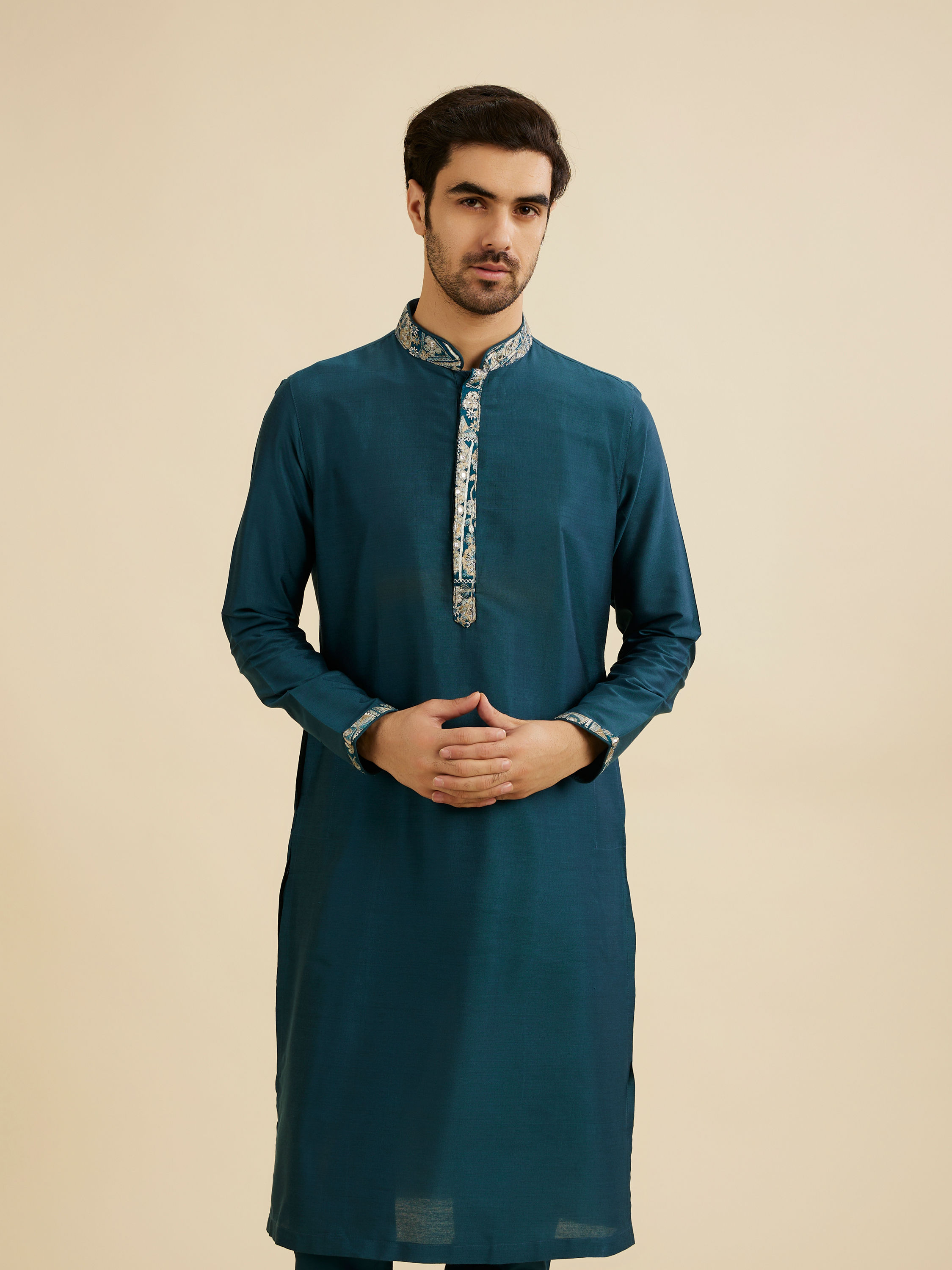 Manyavar Men Crystal Teal Blue Embroidered Neckline Kurta Set