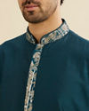 Manyavar Men Crystal Teal Blue Embroidered Neckline Kurta Set