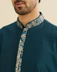 Manyavar Men Crystal Teal Blue Embroidered Neckline Kurta Set