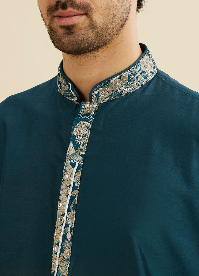 Manyavar Men Crystal Teal Blue Embroidered Neckline Kurta Set